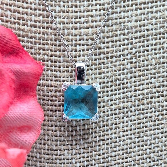 FAS Sterling Pendant Necklace Dainty Chain Drop Pendant Ice Blue Faceted Crystal - Picture 2 of 9